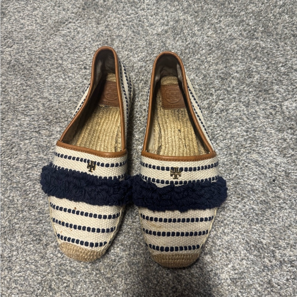 Tory Burch Blue and Cream Espadrille Flats